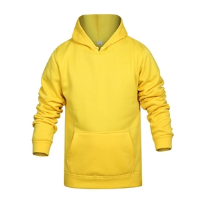 Detailed view of yellow hoodie with kangaroo pocket and ribbed cuffs on white background