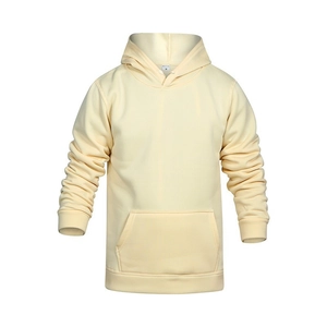 Detail view of the kangaroo pocket and ribbed cuffs on a light yellow hoodie