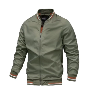 Classic olive green bomber jacket for men with contrast rib-knit collar and hem details