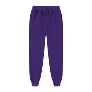 Deep purple fleece joggers featuring elastic drawstring waist and ribbed ankle cuffs