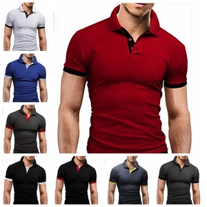 Detail view of cotton slim fit polo shirts with contrast stripes on collar and cuffs
