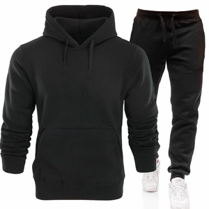 Men's black hooded tracksuit set with kangaroo pocket and drawstring sweatpants