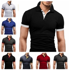 Detailed view of slim-fit men polo shirts with contrast collar and sleeve trim details