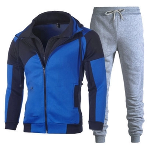 Men's two-piece tracksuit featuring a blue color-block zip-up hoodie and grey joggers