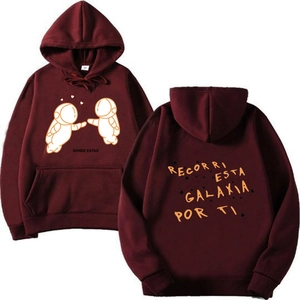 Burgundy hoodie detail showing astronaut prints and Spanish text on front and back