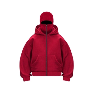 Men's heavyweight red zip-up hoodie with integrated balaclava mask and streetwear fit