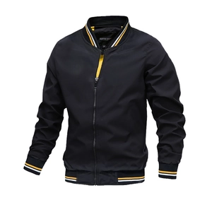 Men's Casual Bomber Jacket Polyester Windproof Stand Collar Coat With Striped Ribbed Cuffs Zip Up Sporty Outerwear Jacket