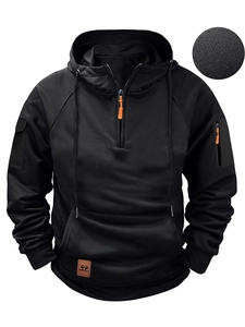Sweat à Capuche Tactique pour Hommes en Polyester Doublé Polaire avec Quart de Fermeture Éclair Multi-poches Couleur Unie Manches Longues