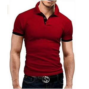 Close-up of red men's polo shirt with black contrast trim on collar and sleeves