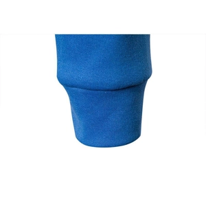 Detail shot of the blue ribbed knit cuffs on a men's fleece hoodie athletic set