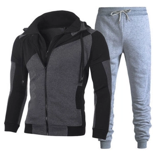 Men's two-piece tracksuit featuring grey and black zip-up hoodie and matching joggers