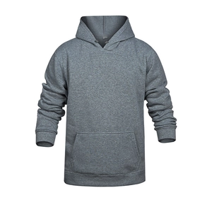 Classic grey pullover hoodie with front kangaroo pocket and ribbed cuffs in minimalist style