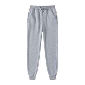 Grey men's fleece joggers with elastic drawstring waist and ribbed cuffs for sports
