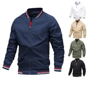 Navy blue men's bomber jacket with striped ribbed cuffs and zip-up collar