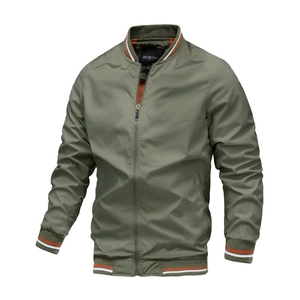 Army green bomber jacket with athletic striped ribbed cuffs and bright orange lining