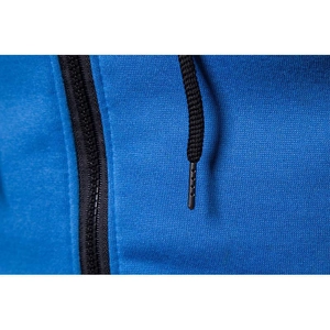 Detailed macro view of bright blue hoodie fabric with black zipper and drawstring