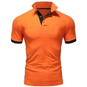 Detail of men's orange short sleeve polo shirt with black contrast collar and button placket