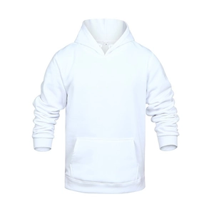 Classic white long sleeve hoodie for men and women featuring front pocket and drawstring