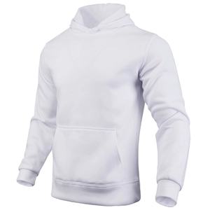 Detail van witte hoodie met capuchon, trekkoord, kangoeroezak en geribbelde manchetten