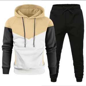 Men's slim-fit hooded tracksuit with khaki white black color-block patchwork design