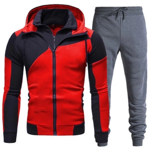 Men's navy and red color block zip hoodie with grey joggers tracksuit set