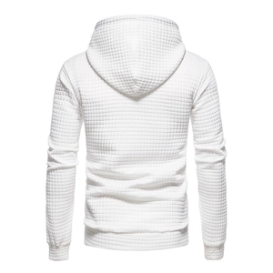 Men's white long sleeve hoodie with textured waffle knit pattern back view display