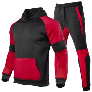 Survêtement décontracté pour hommes avec sweat à capuche patchwork noir et rouge et jogging