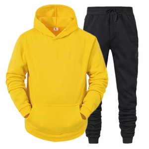 Unisex yellow fleece hoodie and black jogger sweatpants two-piece tracksuit set