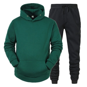 Unisex dark green fleece hoodie and black jogger pants set for outdoor sports