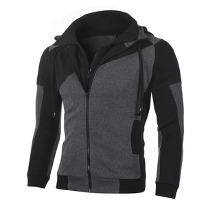Detail of color-block slim fit hoodie with double-layer zipper and ribbed cuffs for men