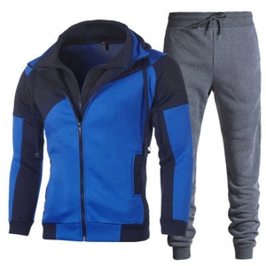 Men's two-piece tracksuit with blue patchwork zip hoodie and grey knit joggers set