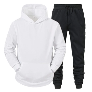 Classic white hoodie and black joggers set with drawstring hood and kangaroo pocket