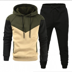 Men's Fashion Casual Sportswear Two-Piece Set Color-Block Patchwork Hooded Sweatshirt And Jogger Pants Slim Fit Tracksuit
