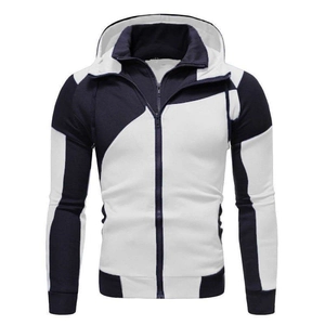 Detailed view of men's slim fit hoodie with blue and white color-block and dual collar