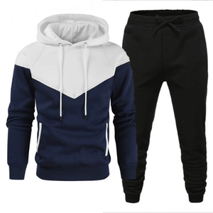 Men's two-piece sports tracksuit featuring color-block hooded sweatshirt and black joggers