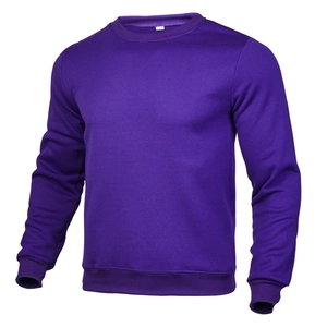 Close-up of ribbed crew neck and cuff details on a purple long sleeve sweatshirt