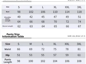 Tableau des tailles détaillé pour survêtements unisexe montrant les mesures du S au 3XL
