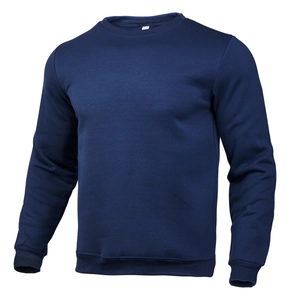 Close-up of the ribbed crewneck and cuffs on this navy blue long-sleeve cotton sweatshirt