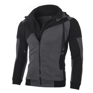 Men Patchwork Double Zipper Hooded Sweatshirt Slim Fit Fleece Casual Sporty Jacket Contrasting Colors Long Sleeve Top