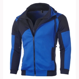 Men's slim fit color-block hooded jacket with double layer zipper and navy blue panels