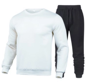 Detail of white crewneck sweatshirt and black joggers with ribbed cuffs and drawstrings