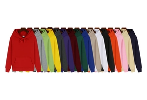 Row of colorful heavy fleece hoodies hanging on hangers showing 16 color variants