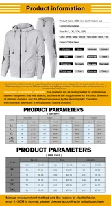 Detailed size chart for men's hooded tracksuit including M-3XL top and bottom measurements