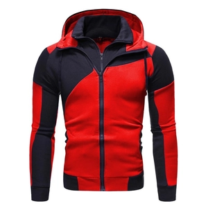 Slim fit men's hooded jacket featuring red and black color-block design and full zip closure