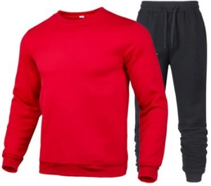 Detail of red crew neck sweatshirt and dark grey joggers with elastic drawstring waist