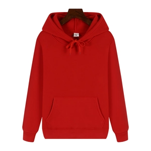 Detail of red hoodie drawstring, kangaroo pocket, and size L tag on wooden hanger