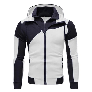 Slim fit men's zip-up hoodie featuring black and white contrast color block panels