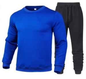 Detail of royal blue crewneck sweatshirt with adjustable drawstring jogger pants set