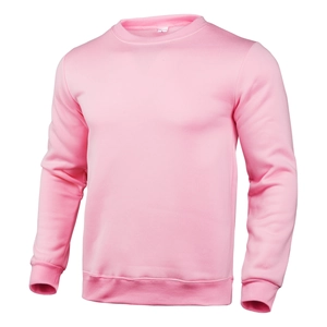 Detail of pink crewneck sweatshirt showing ribbed neckline and high-quality cotton texture