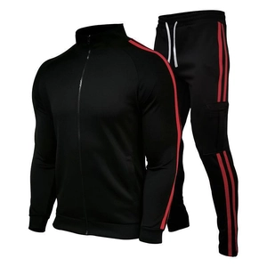 Men's black tracksuit with red side stripes, zip-up jacket and cargo jogger pants set